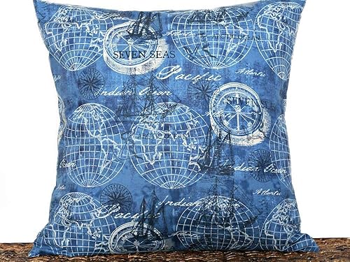 Amazon Com Old World Globe Throw Pillow Cover Blue White Sailboat