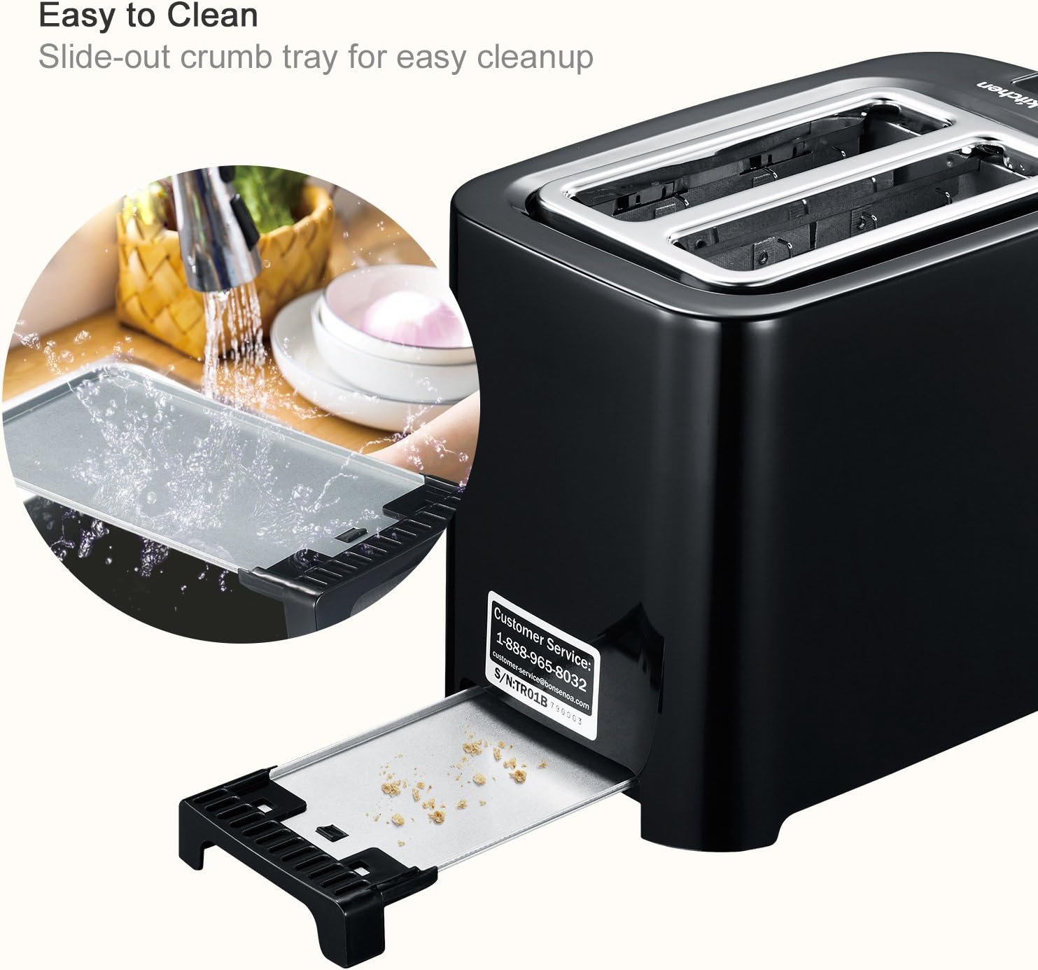 Bonsenkitchen 2slice Black Toaster Small Compact Bread Toaster for