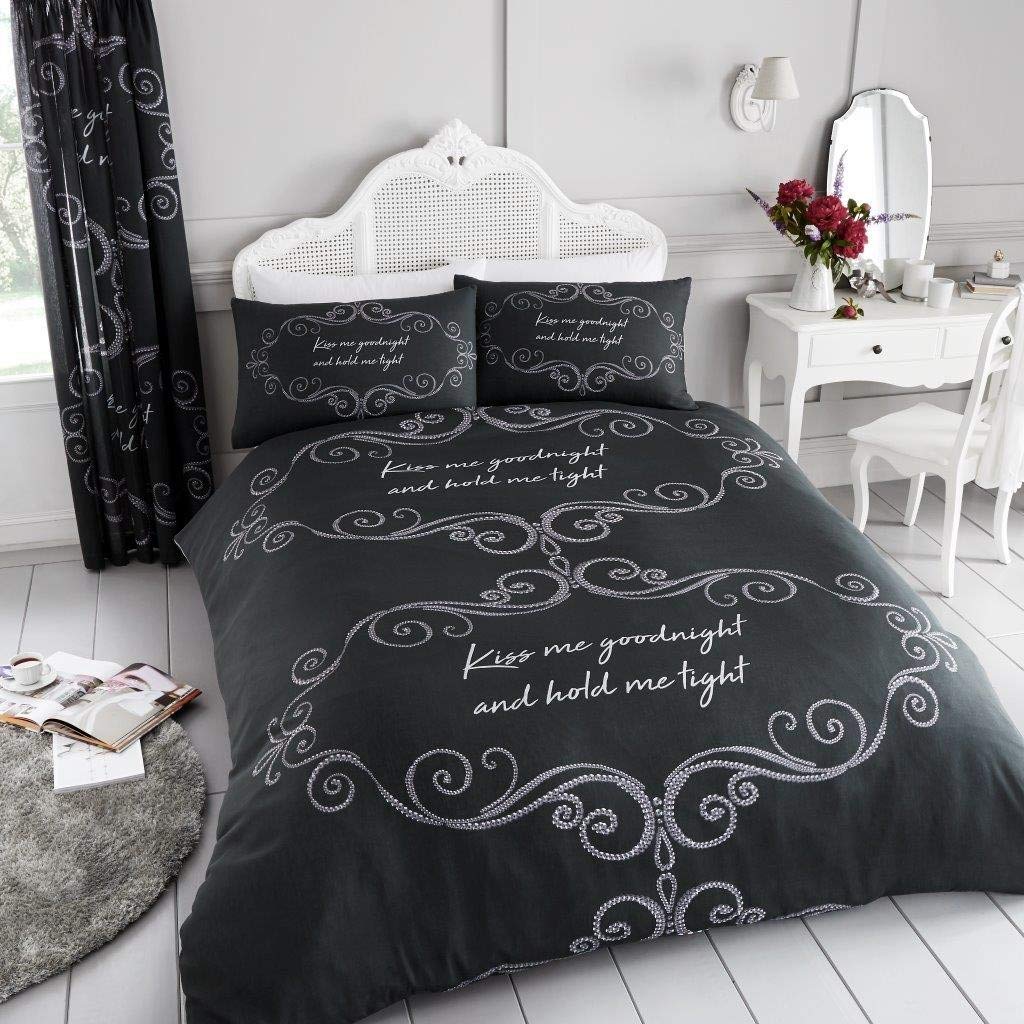 GC GAVENO CAVAILIA Gaveno Cavailia Luxurious Bed Set with Duvet Cover and Pillow Cases, Polyester-Cotton, Double, Linen, Good Night Charcoal