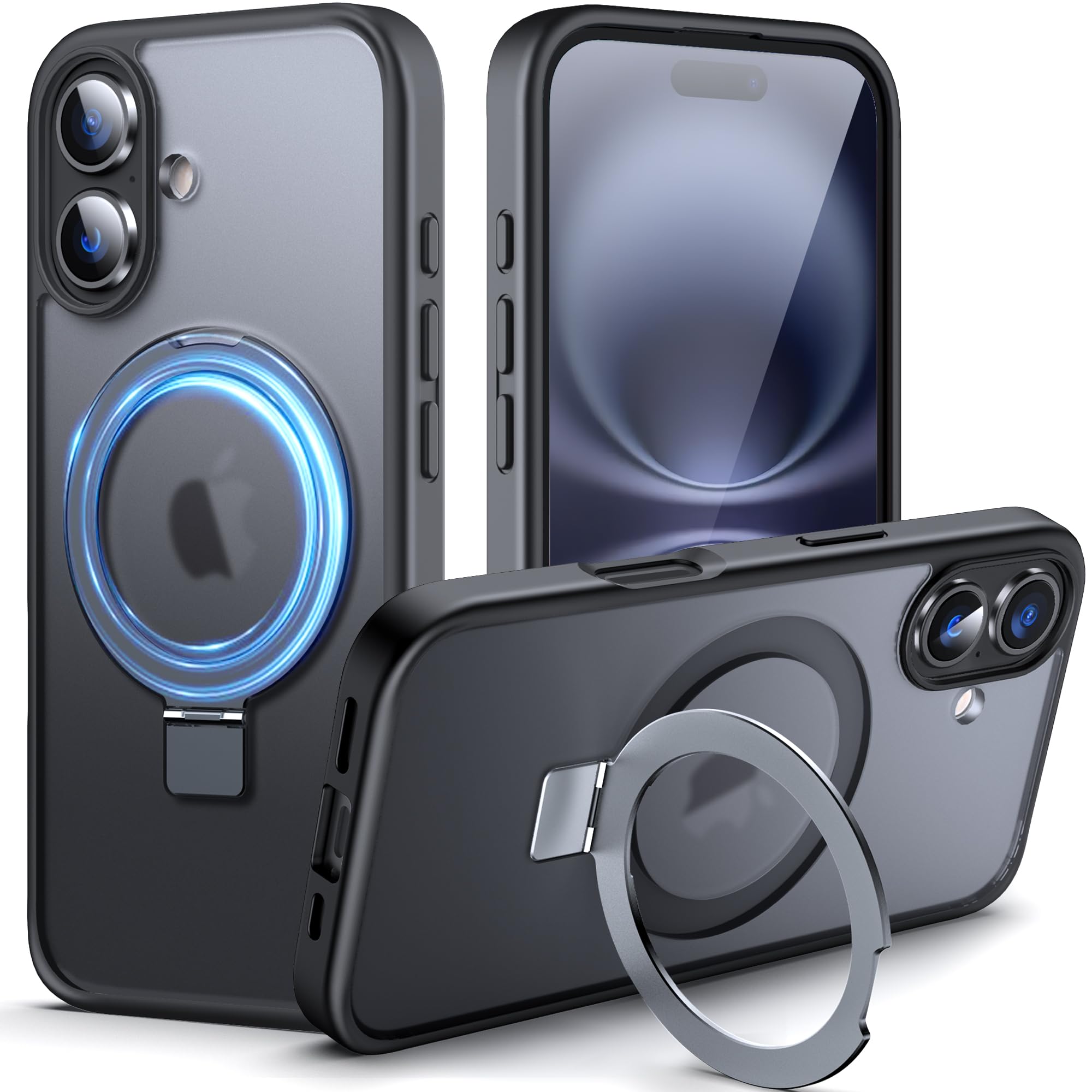 DASFOND Designed for iPhone 16 Case with Mag-Safe, 12 FT Military Shockproof, 20W Safe & Fast Charging, Translucent Matte Slim Velvety Touch, Magnetic Kickstand iPhone 16 Cover 6.1", Black