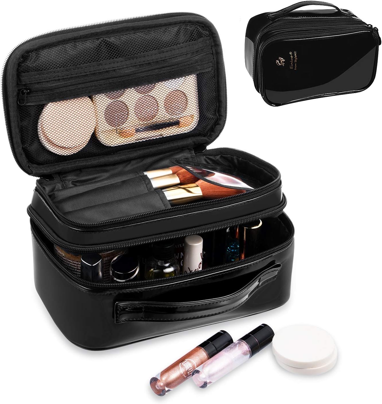Viridian Mist Makeup Bag, Travel Cosmetic Bag for Women Girls, with Brushes Compartment, Zipper Pouch, Multifunctional Travel Organizer, 2 Layer, Shiny Black