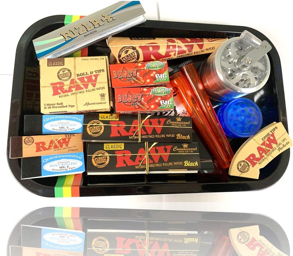 Ultimate Smoking Rolling Tray Gift Set Handle Crusher Cone Raw Black Papers UK