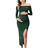AISWI Off Shoulder Maternity Sparkly Split Dress Long Sleeve Fitted Pregnancy Dresses Semi Formal Baby Shower Photoshoot