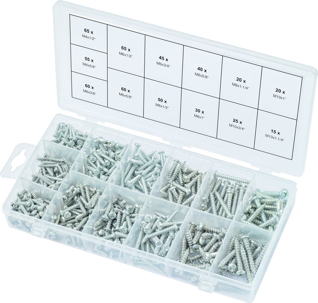 KS Tools 970.0420 Ball head Parker screws assortment, M4x1/2"-M10x1.1/4", 550 pcs