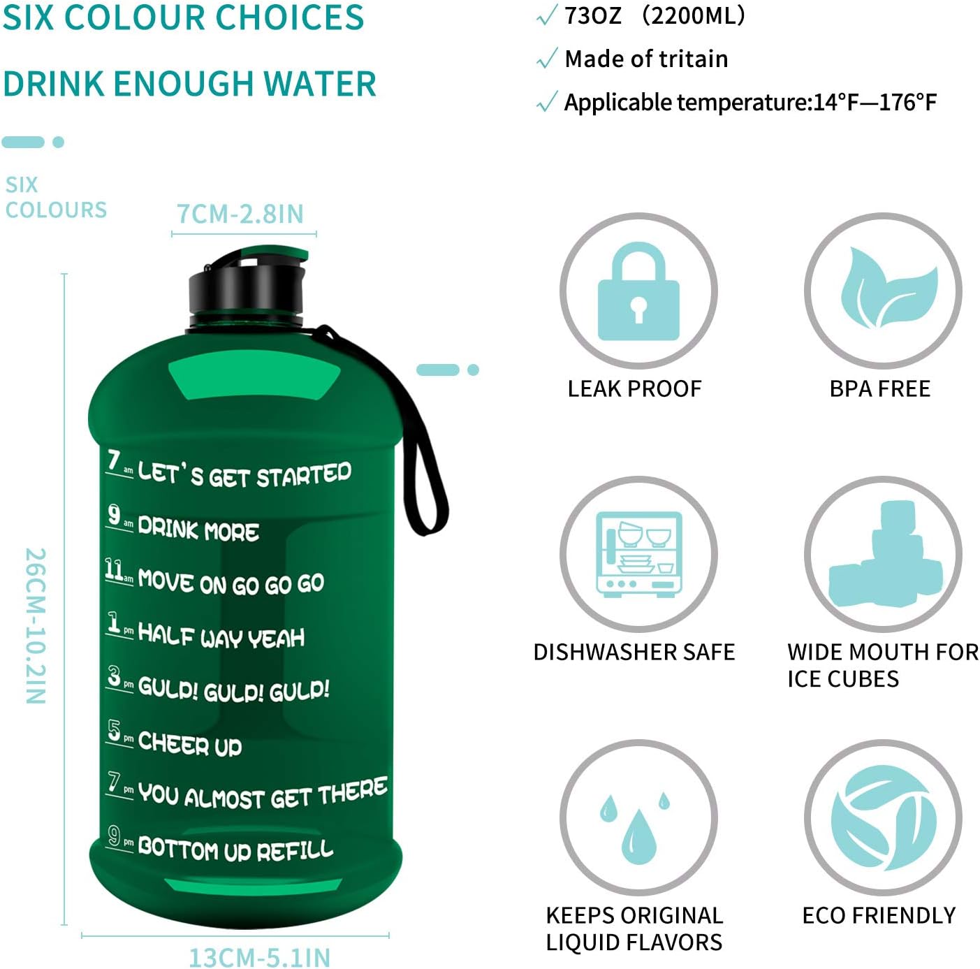 TOOFEEL Dishwasher Safe 2.2L Big Reusable Sports Water Bottle 75oz Half Gallon Water Jug with Mitivational Time Marker Container Large Capacity Canteen BPA Free Leak-Proof for Gym Fitness Athletic