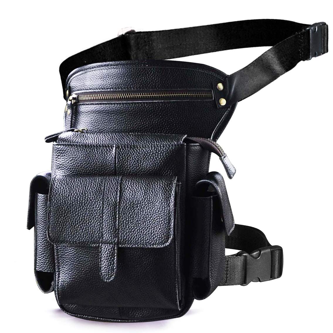 Le'aokuu Mens Genuine Leather Messenger Motorcycle Hip Bum Waist Pack Drop Leg Cross Over Thigh Bag 913-5 (913-5 Black)