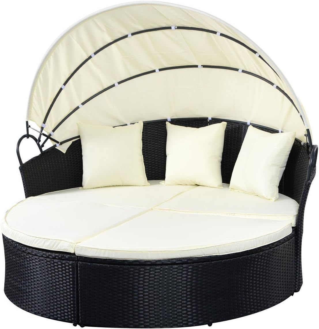 Outdoor Patio Sofa Furniture Round Retractable Canopy Daybed Black Wicker Rattan - Round Patio Day Bed With Retractable Sun Cover - Strong And Sturdy Construction - Elegant Style