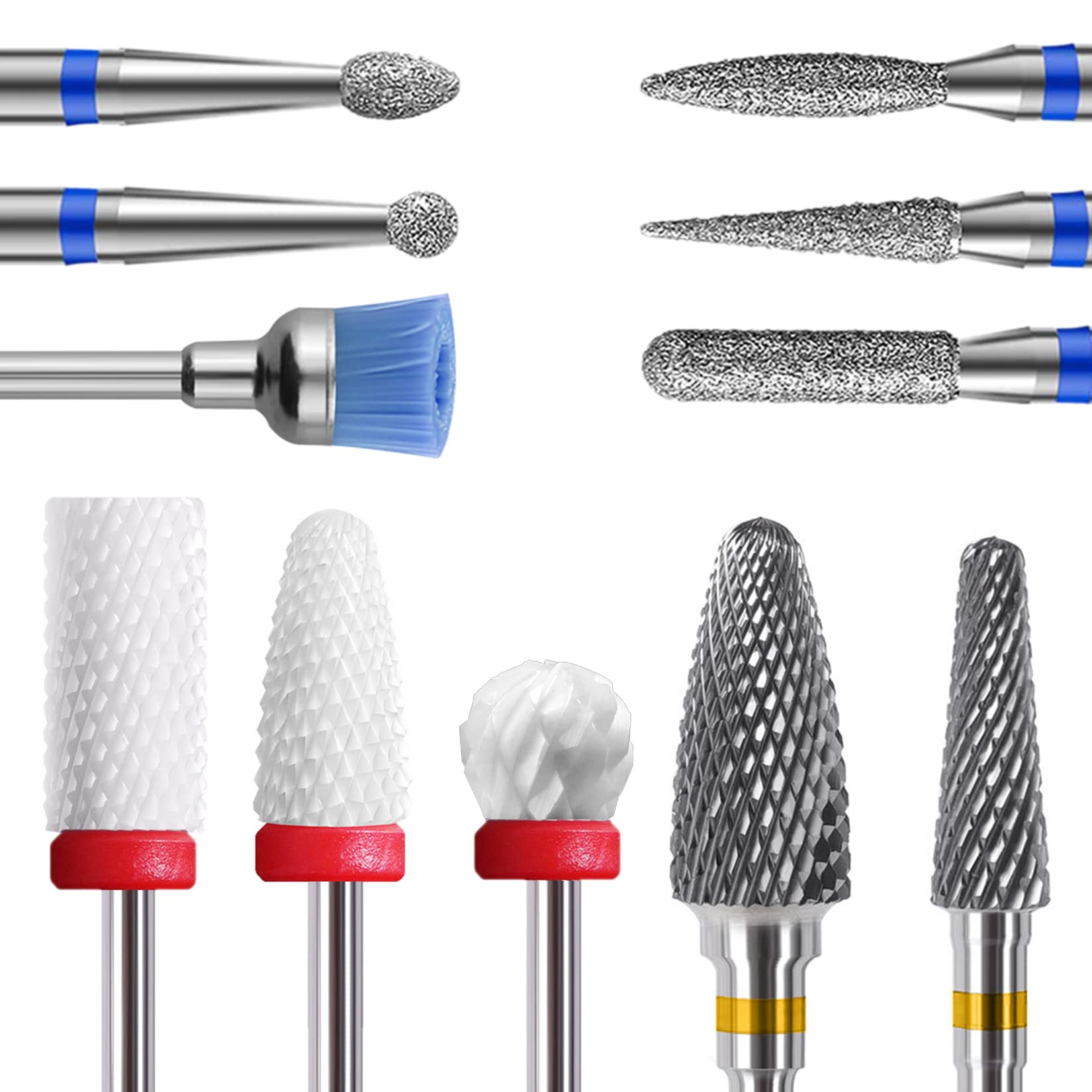 Homeet 11 Pcs Ceramic Nail Drill Bits, 3/32 Inch Tungsten Alloy Professional Nail Drill Bits, Safety Diamond Bits, for Removing Gel Acrylic Cuticle, for Manicure Pedicure
