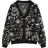 BEAUDRM Women's Plus Size Boho Printed Cardigan Sweaters Button Up V Neck Long Sleeve Grunge Punk Knit Tops Hippie Outerwear
