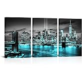 Conipit New York Brooklyn Bridge Canvas Wall Art Black and White City Pictures Teal Skyline Artwork Modern Night View Paintin