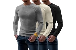 Riyiper 3 Pack Men's Ribbed Thermal Shirts Crew Neck Long Sleeve Tops Winter Stretchy Slim Basic Undershirt