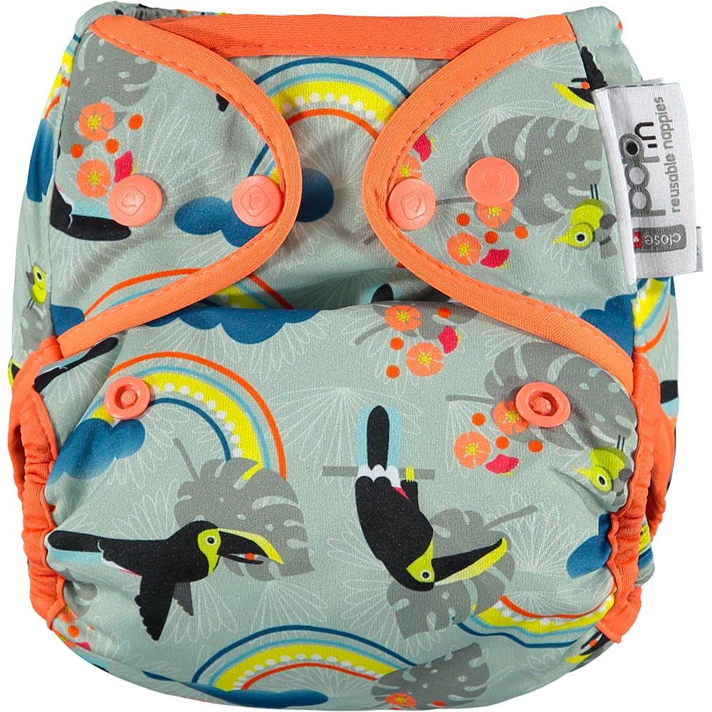 Close Pop-in Premium Bamboo Cloth Nappy - One Size, Birth to Potty, Secure Popper Fastener, Print Design - Toucan — image 1