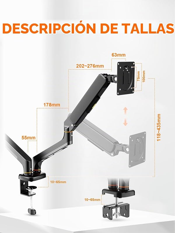 Soporte de Monitor Doble para Pantallas de 13"-27", Brazo de Gas Ajustable, Soporta 2 Monitores, Inclinación, Giro y Rotación con Base de Montaje C-Clamp y Grommet, VESA 75/100mm (MA001-2)