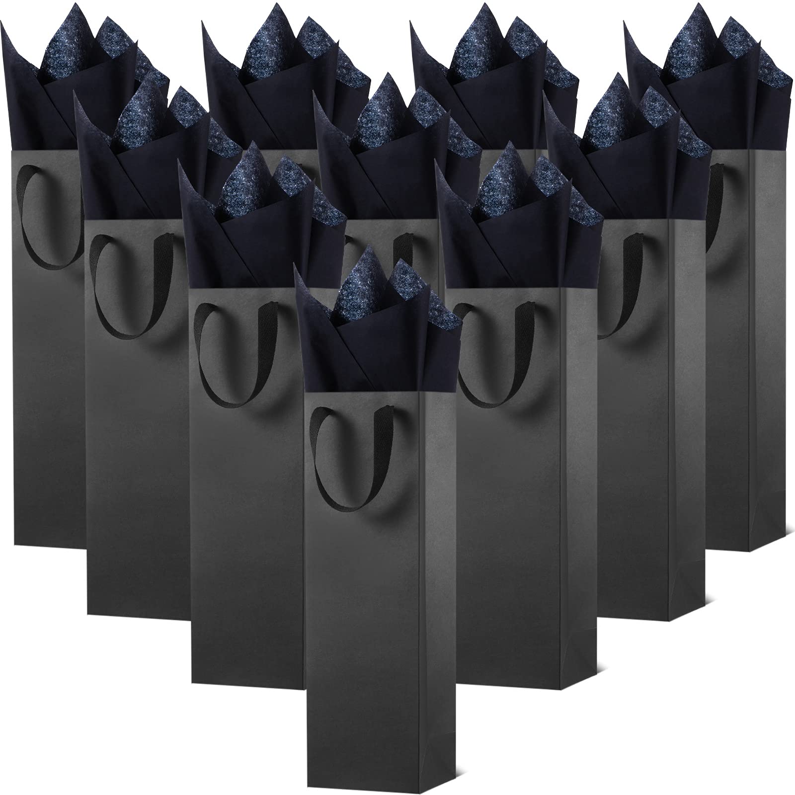 24 Pieces Christmas Kraft Wine Bag Paper Wine Bag, Wine Bottle Bag Holder with Handles with Kraft Tissue Paper Retail Wine Bag Bulk for Wedding Party, 4 x 3.5 x 14 Inch(Black)
