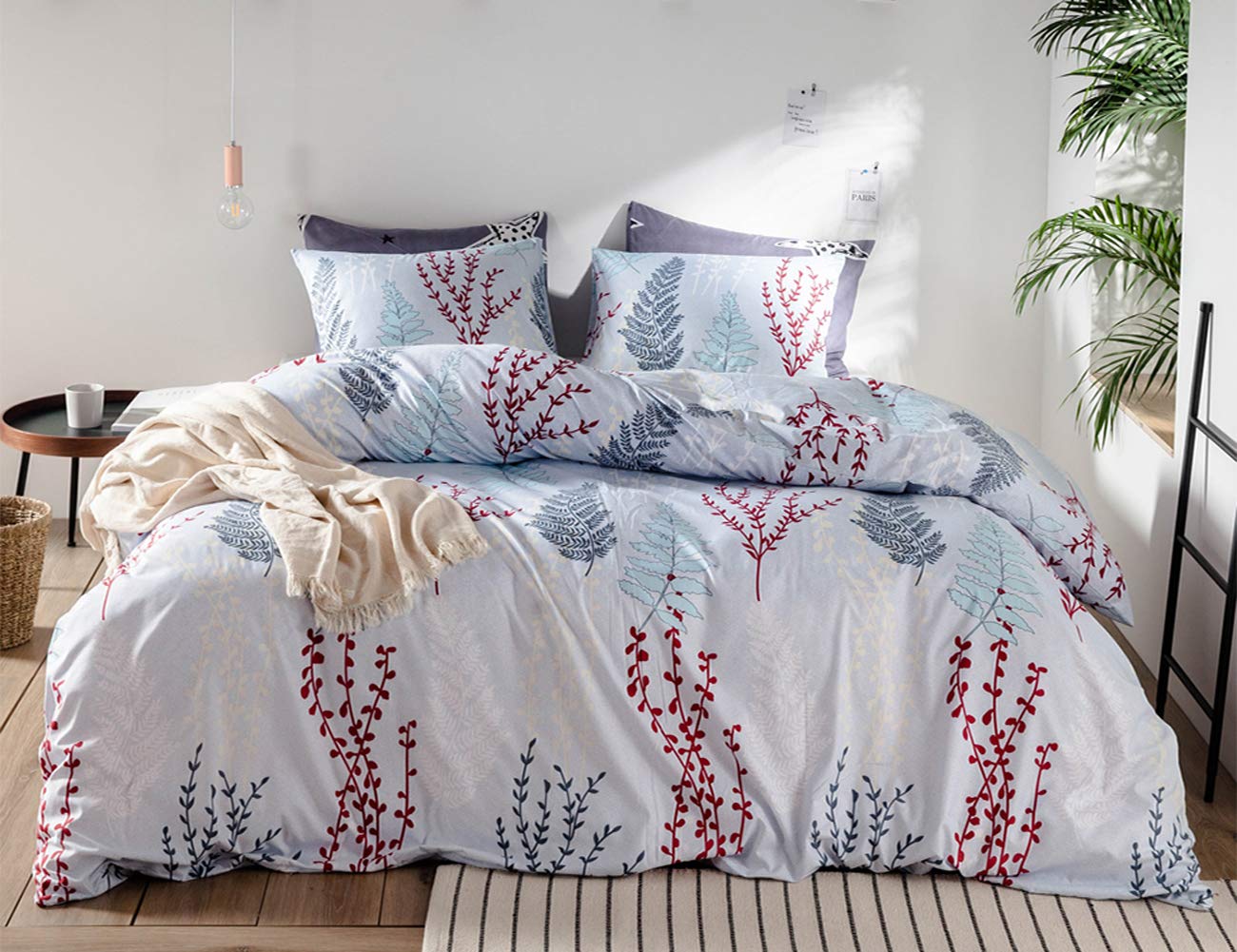 CoutureBridal White Botanical Tropical Bedding Duvet Cover Set Queen Size Girls Red Blue Leaves Pattern Soft Microfiber with Zipper Closure Corner Ties 3pcs