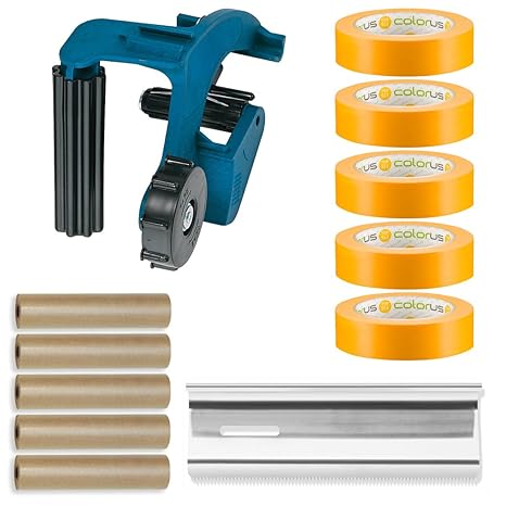 Colorus Handmasker Set Abdeckfolie Masker Tape | Abdeckpapier 15 cm x 50 m | Goldband 30 mm x 50 m | Abreißklinge 225 mm | 90