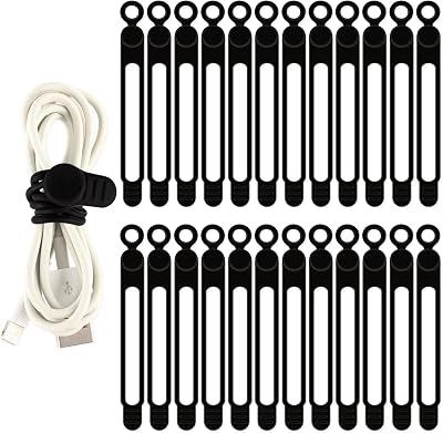 TamBee Reusable Silicone Cable Ties 24Pcs Black Cord Organizers 10.6cm