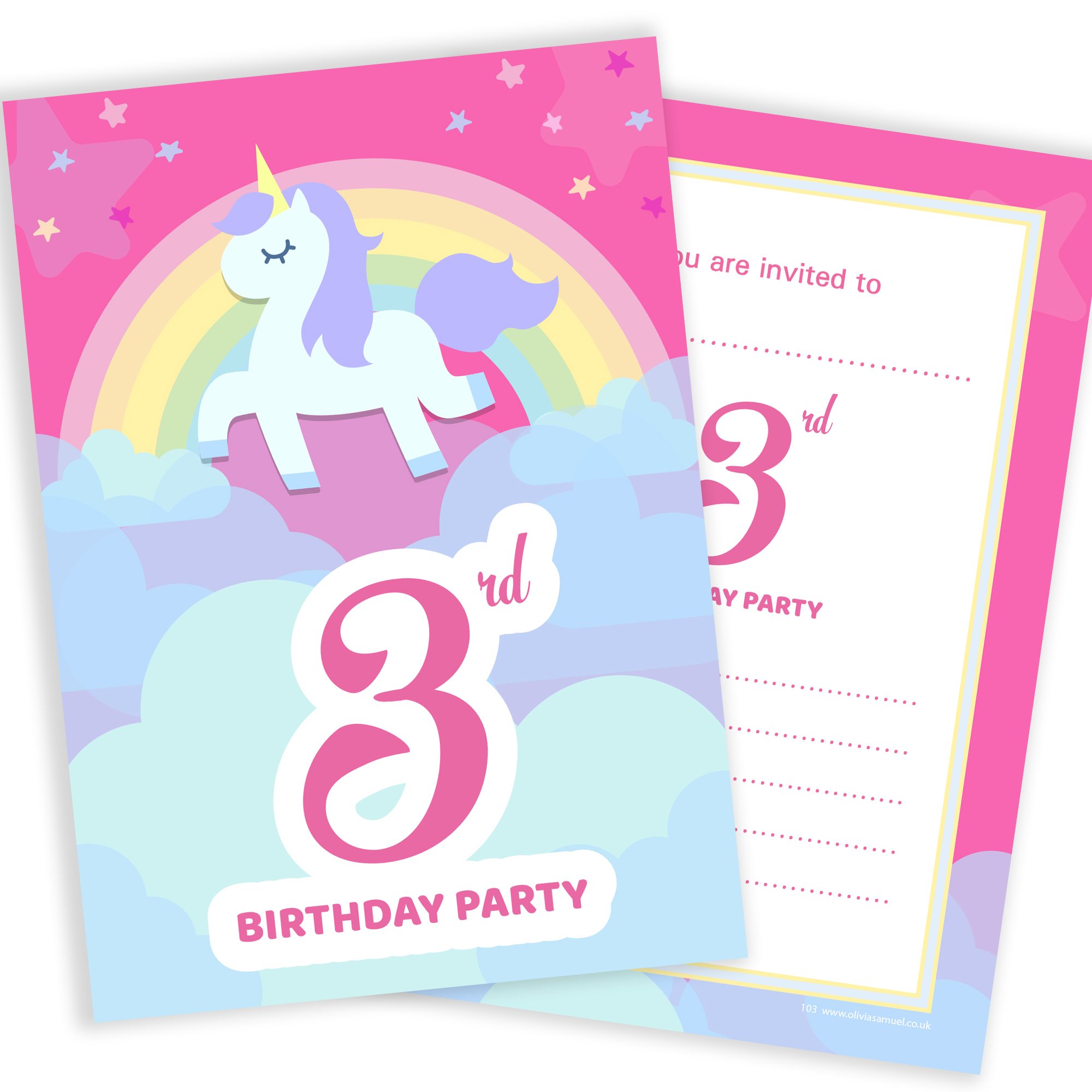 Olivia Samuel 20 x 3rd Birthday Party Invitations from Unicorn & Rainbow Pink Invites - Ready to Write with Envelopes