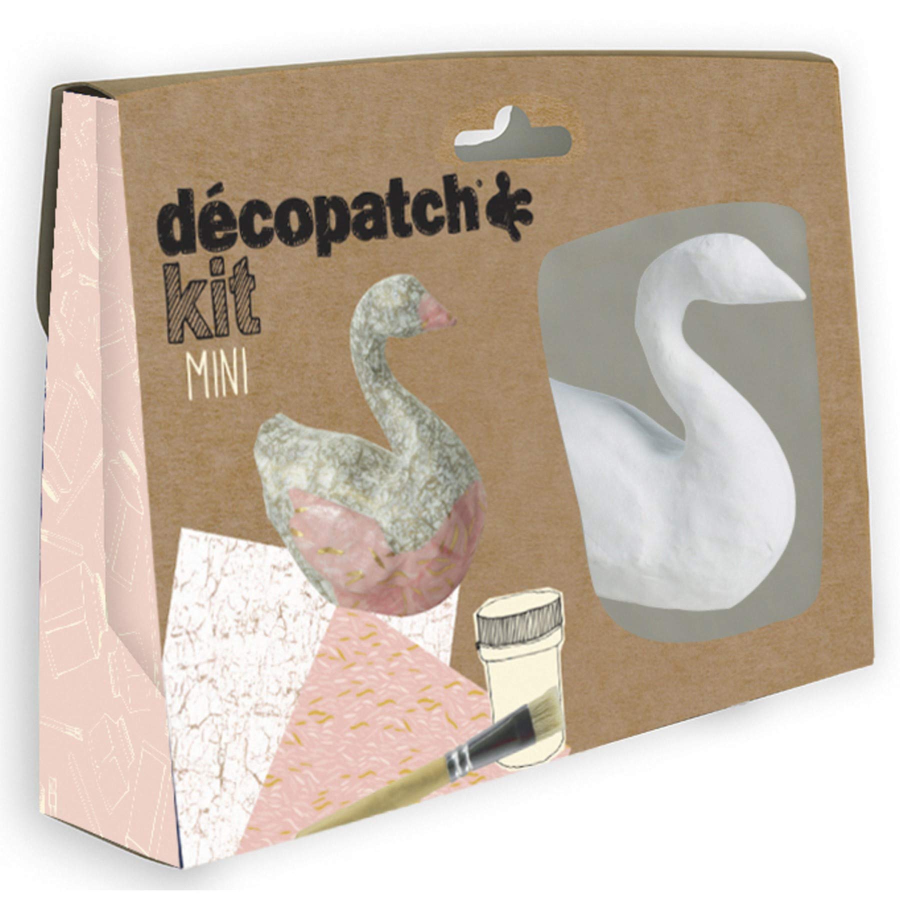 Décopatch - Ref KIT027C - Swan Mini Kit - Suitable for Children - Includes White Papier Mache Animal, 2 x Décopatch Sheets, Brush & Pot of PaperPatch Glue