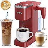 Tastyle Single Serve Coffee Maker with Built-in Detachable Milk Frother, Iced and Hot Coffee Machine for K Cup & Grounds, 40oz Removable Water Reservoir, 6 Cup Sizes, Fits 7.3" Travel Mug, Red