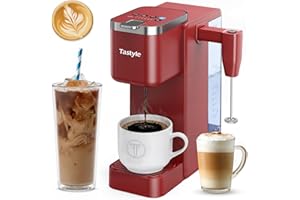 Tastyle Single Serve Coffee Maker with Built-in Detachable Milk Frother, Iced and Hot Coffee Machine for K Cup & Grounds, 40oz Removable Water Reservoir, 6 Cup Sizes, Fits 7.3" Travel Mug, Red