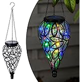 Solar Hanging Lantern Outdoor Lights, Tear-Shaped 15 LEDs Multi-Color Hanging Lights with S Hooks Decor in Garden, Yard, Pathway, Front Door and Landscape