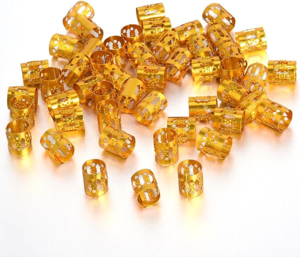 ICYANG100 Pieces 8mm Dreadlocks Beads Adjustable Hair Braid Bead Rings Cuffs Clips Tubes Hair Decorative Accessory Golden