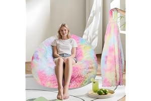 DSTXIZZ Fluffy Memory Foam Bean Bag Chair Cover (No Filler),Faux Fur Comfy Bean Bag Cover for Living Room,for Organizing Plush Toys or Textile (Rainbow color)