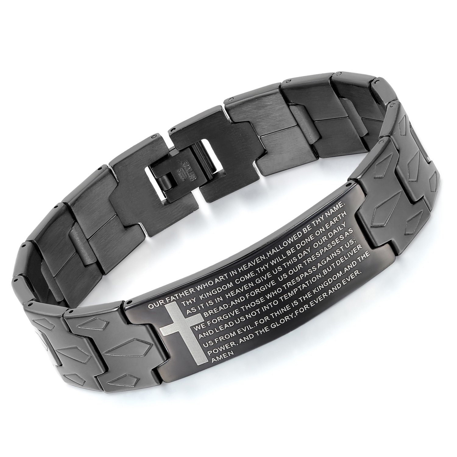 Cupimatch Mens Vintage Religious Black Stainless Steel Spanish Bible Lord's Prayer Cross Link Chain Bracelet Bangle 8.3 Inch