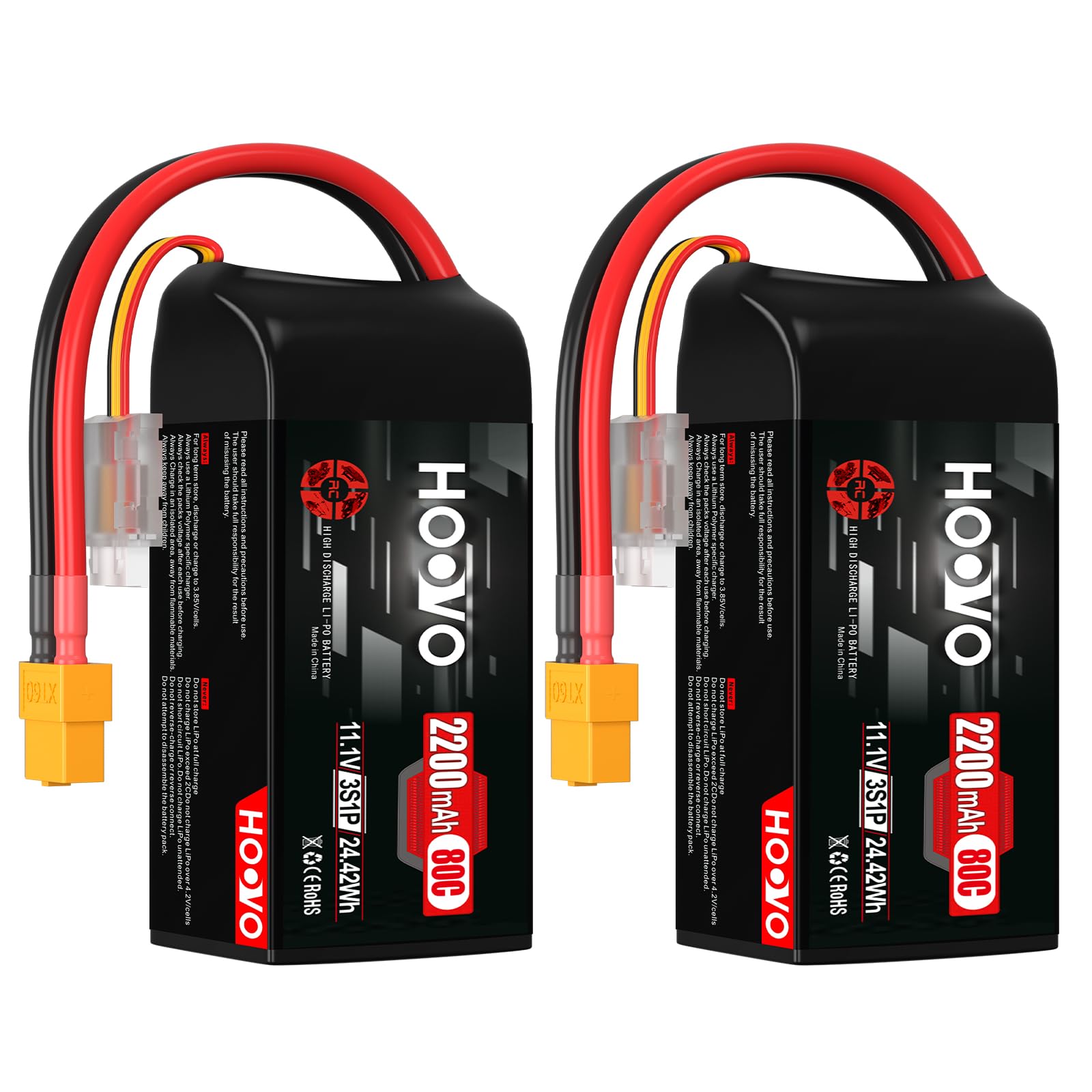 Photo 1 of **one functional** HOOVO 3S Lipo Battery, 2200mAh 80C 11.1V Shorty Lipo Battery Pack, Softcase with XT60 Connector Compatible with Drone RC Airplane Helicopter Quadcopter FPV RC Car,2 Pack