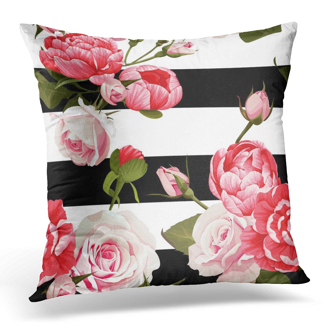 Emvency Throw Pillow Covers Colorful Floral Peony and Roses 2 Black and White Stripes Flowered Pink Abstract Decorative Pillow Case Home Decor Square 20" x 20" Pillowcase