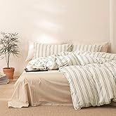 VM VOUGEMARKET Striped Duvet Cover Set Queen Beige 100% Washed Cotton Bedding Set,Grey Green Vertical Ticking Stripes Pattern Comforter Cover with Zipper Closure (3pcs, Queen Size)