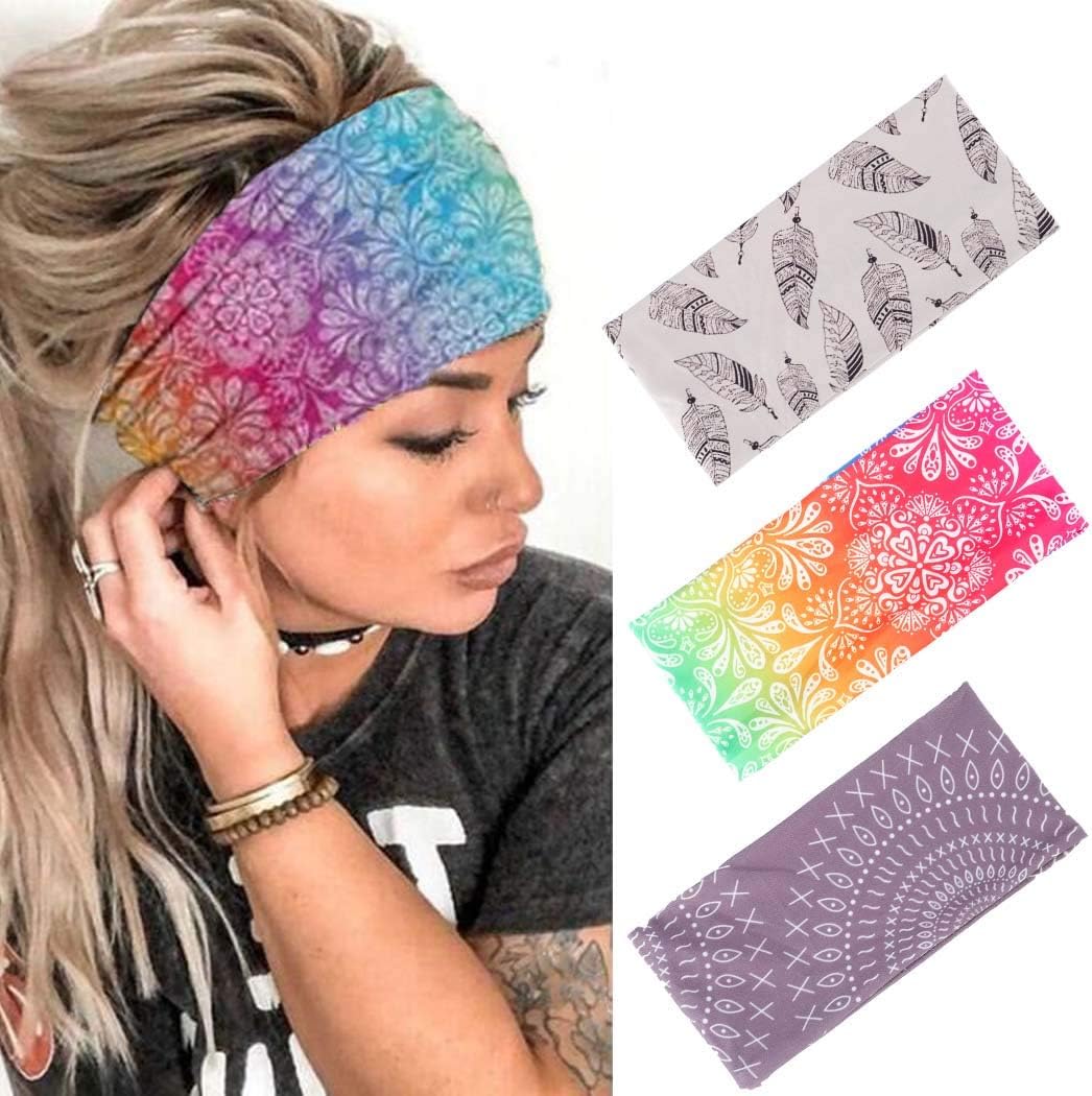 Zoestar Boho Headbands Wide Hairband Elastic Turban Head Wraps for Women and Girls (Pack of 3), Multicolor, 1 count (Pack of 3)