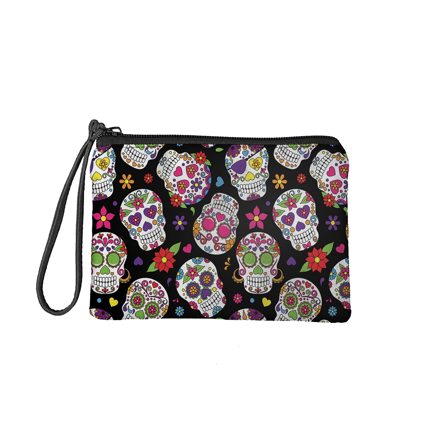 NETILGEN Flower Sugar Skull Mini Wallet Coin Bag or Travel,Shopping for Ladies Girls,Womens Toiletry,Organizer,Makeup Durable Flannel Lightweight ZipperPouch