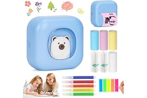 QYCHHJ Inkless Mini Thermal Printer with 6 Rolls Thermal Paper & Color Pen, Portable Pocket Printer for Notes, Journal, Memo, Photo, Study - Blue