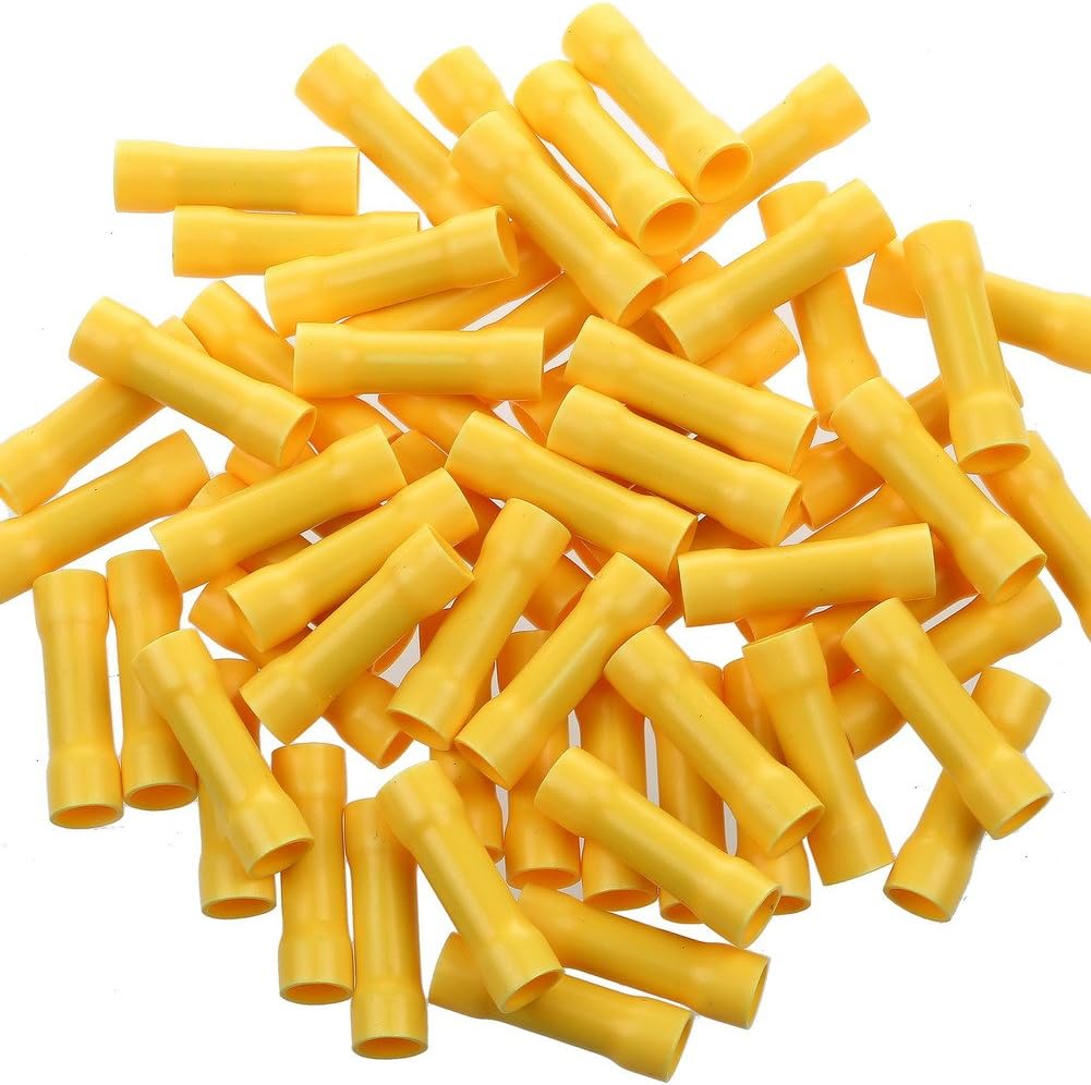 AIRIC 100PCS Butt Splice Connectors Yellow 12-10 Gauge Vinyl Fully Insulated PVC Wire Cable Crimp Terminal Connectors