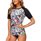 AOBUTE Women Short Sleeve Rash Guard UPF 50+ Tropical Sun Protection Floral Swim Shirts