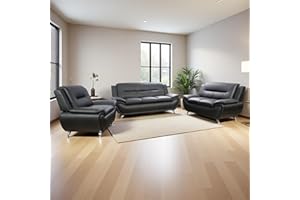 Anthato 3 Piece Living Room Furniture Set, Sectional Sofa Couches, Black Leather Sofa Set, Modern Sofa Couch Set for Living Room/Bedroom/Office, Black#2