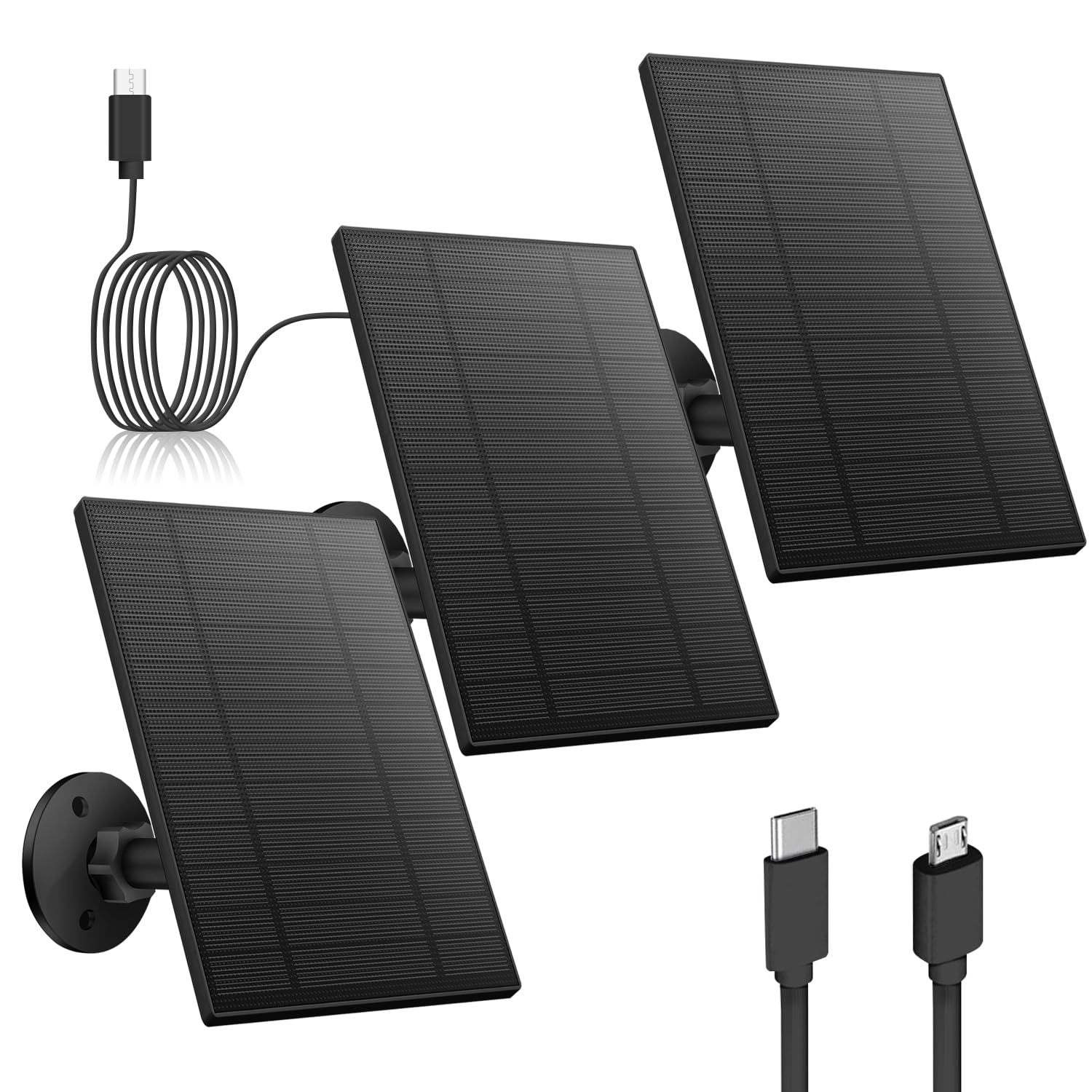 Photo 1 of 3PC 5W Solar Panel for Security Camera, Solar Panel with Micro USB & USB-C Port for DC 5V Outdoor Rechargeable Battery Camera, IP65 Waterproof, 360° Adjustable Security Mount, 9.8ft Cable(Black)