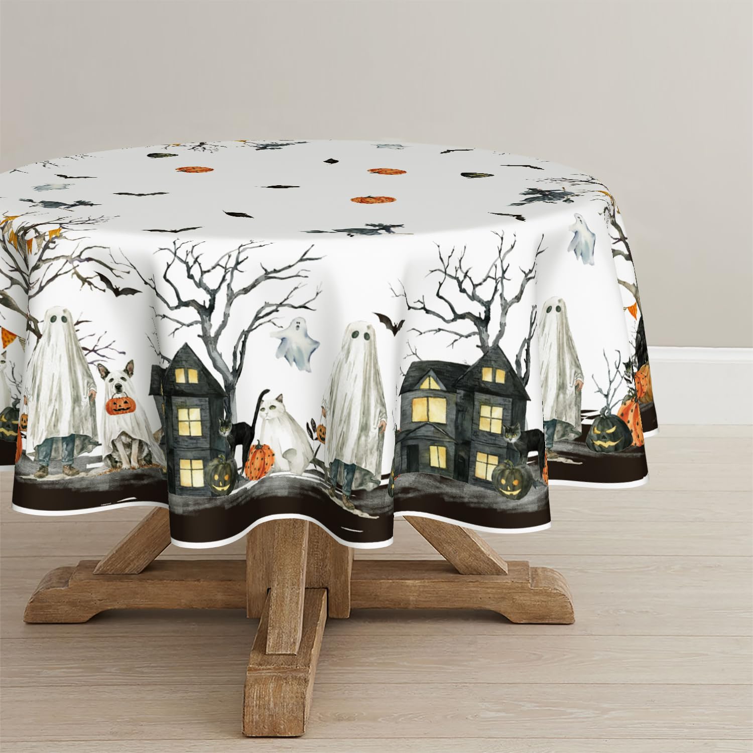 Photo 1 of Horaldaily Halloween Tablecloth 90×90 Inch Round, Jack-O-Lantern Pumpkin Cobweb Ghost Dog Washable Table Cover for Party Picnic Dinner Decor