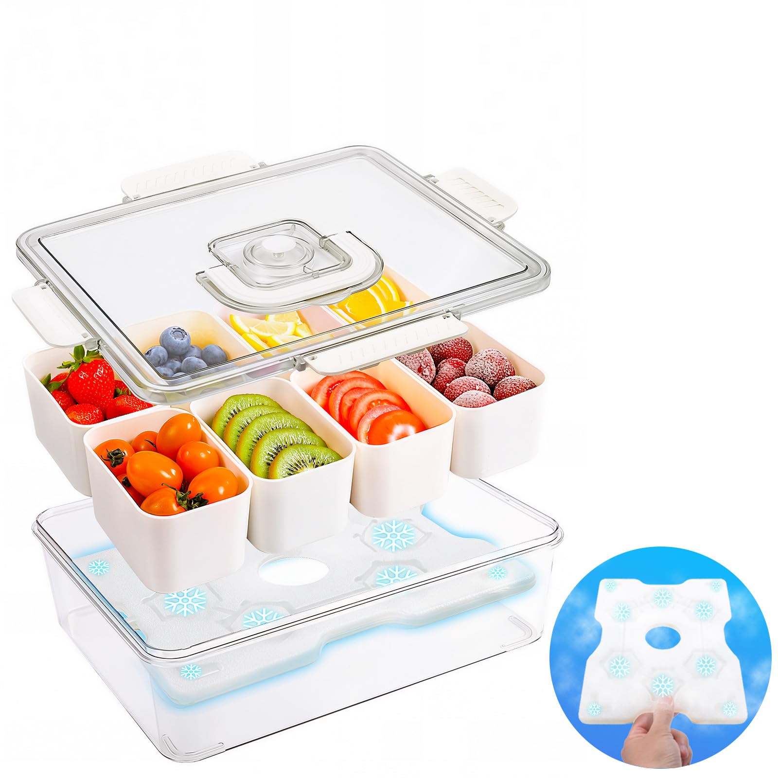 Photo 1 of Portable Snackle Box Container with Ice Pack, Snack Container Divided Serving Tray, Cooling Travel Snacklebox with Lid & Handle, 8 Compartment Chilled Serving Tray for Beach, Outdoor, Picinic