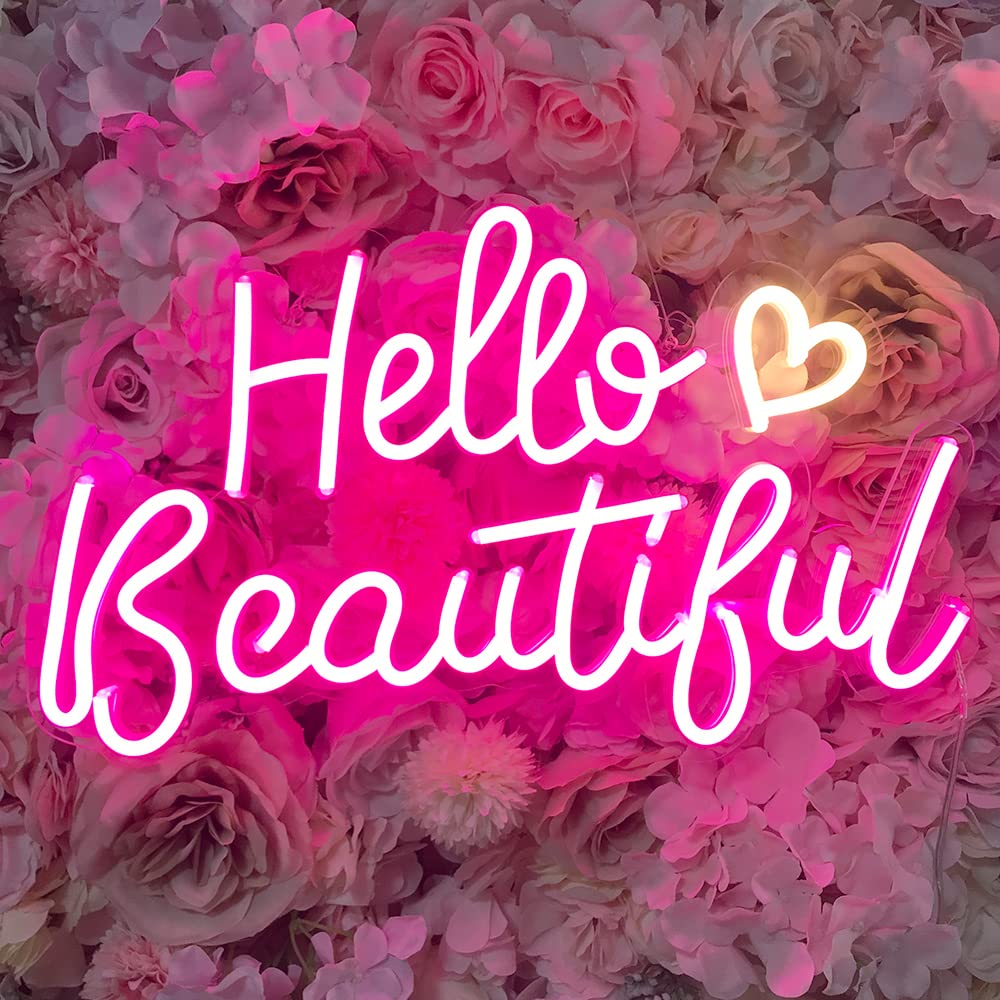Pink Hello Beautiful Neon Sign with Soft White Heart - 43×27cm Dimmable 3-Level, Stable Neon Light for Girls Bedroom, Aesthetic Night Light with Ambient Glow, Cute Room Decor for Teens
