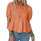 LAYOGAS Womens Peplum Babydoll Tops Summer Puff Sleeve Blouse Loose Fit Ruffled Hem T-Shirt
