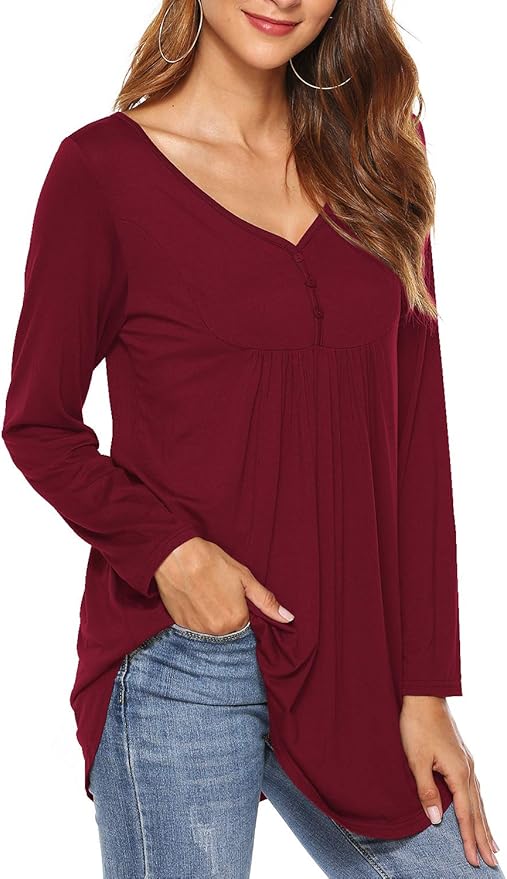 Amoretu Ladies Tunic Tops V Neck Long Sleeve Tshirts Women Burgundy