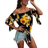 Hibluco Womens Off Shoulder Tops Sexy Floral Print Crop Tops Summer Blouses T-Shirt