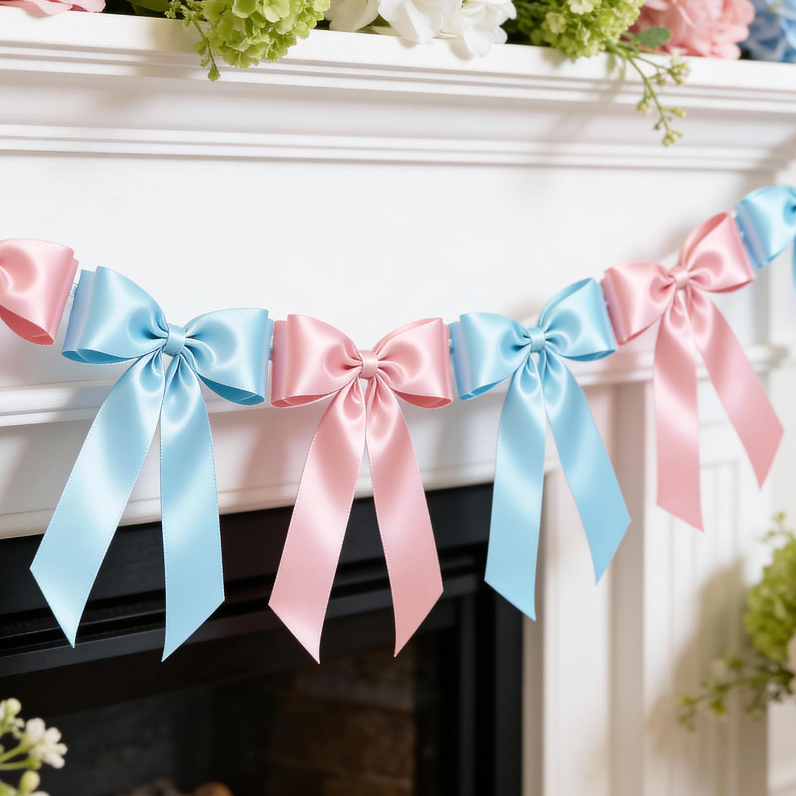 Photo 1 of 1-String Pink & Blue Bow Garland Banner, 8 Pre-Strung Double-Loop Satin Ribbon Bows, Valentines Day Decor for Baby Shower Bridal, Birthday & Wedding Party, Reusable Girls Coquette Room Wall Decor