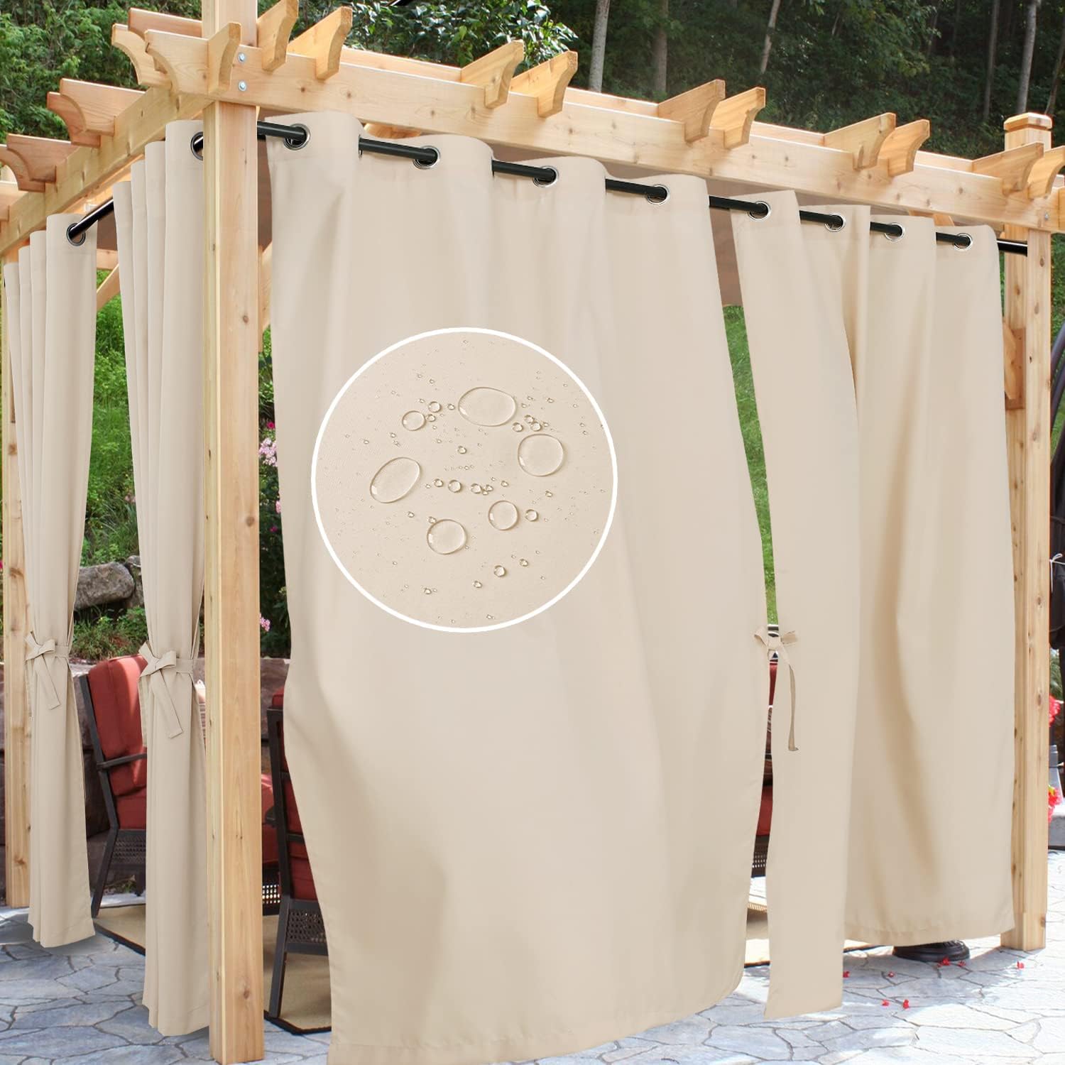 Outdoor Curtains - Hiasan Beige Outdoor Curtains for Patio Waterproof, 54 x 84 inch - Privacy Grommet Outside Curtains for Gazebo/Porch/Pergola/Cabana, Single Panel and Sewn with 2 Tiebacks