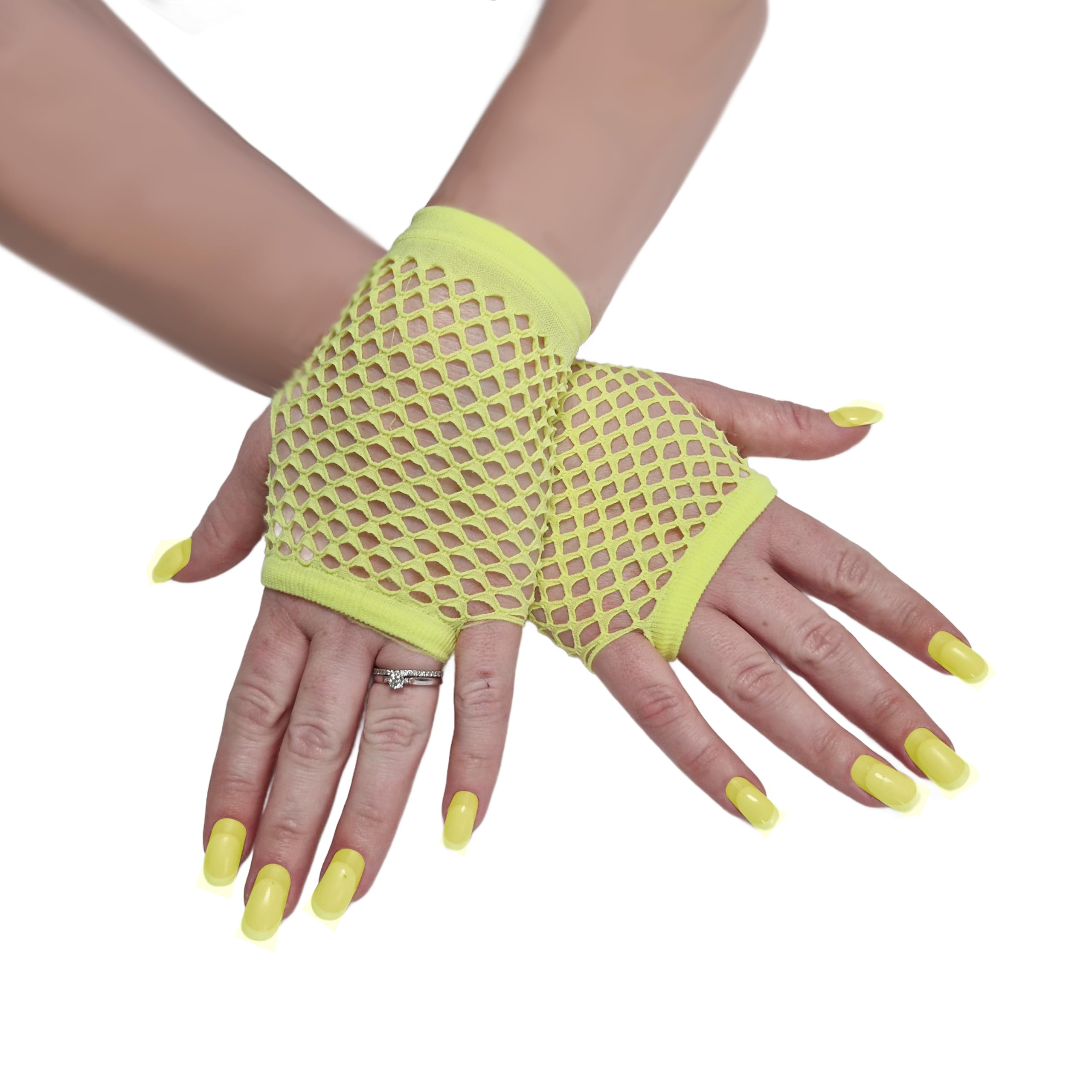 Komonee Short Fishnet Gloves Fingerless Mesh, Wrist Length Yellow Net for Women, Stretchy Sheer Edgy Costume Accessory for Rave Cosplay Halloween 80s Party, One Size