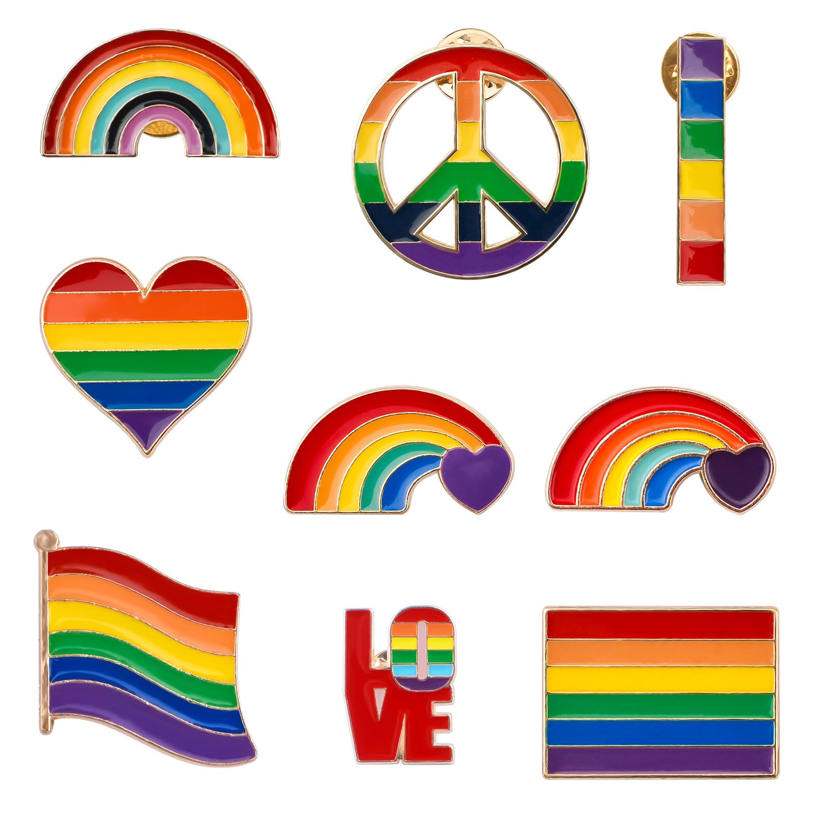 WANDIC Rainbow Brooch Pin Set, 10 Pieces Metal Badge Pride Lapel Pin Rainbow Lapel Pins Pride Brooch for Sweaters Scarves Dresses Bags