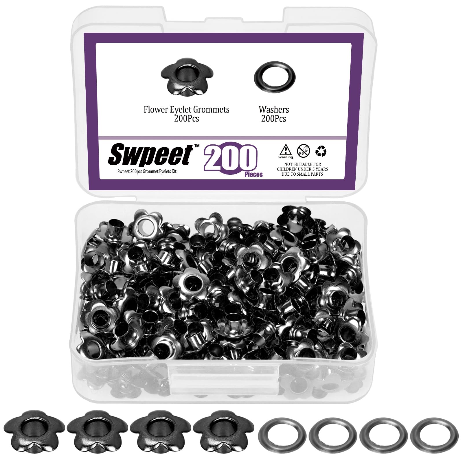 Swpeet 200Sets 3/16" (5mm) Gun-Black Hole Flower Grommets Metal Grommets Eyelets Grommet Kit, Metal Eyelets Kits Grommets Eyelets for Repairing Canvas, Leather, Curtains